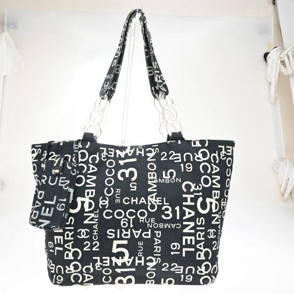 CHANEL Logo By Sea Shoulder Tote Bag Canvas Leather Black Made In Italy 73KB178 - Picture 1 of 16
